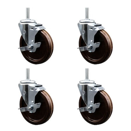 Service Caster 5 Inch High Temp Phenolic 58 Inch Threaded Stem Caster Set with Brake SCC-TS20S514-PHSHT-TLB-58212-4